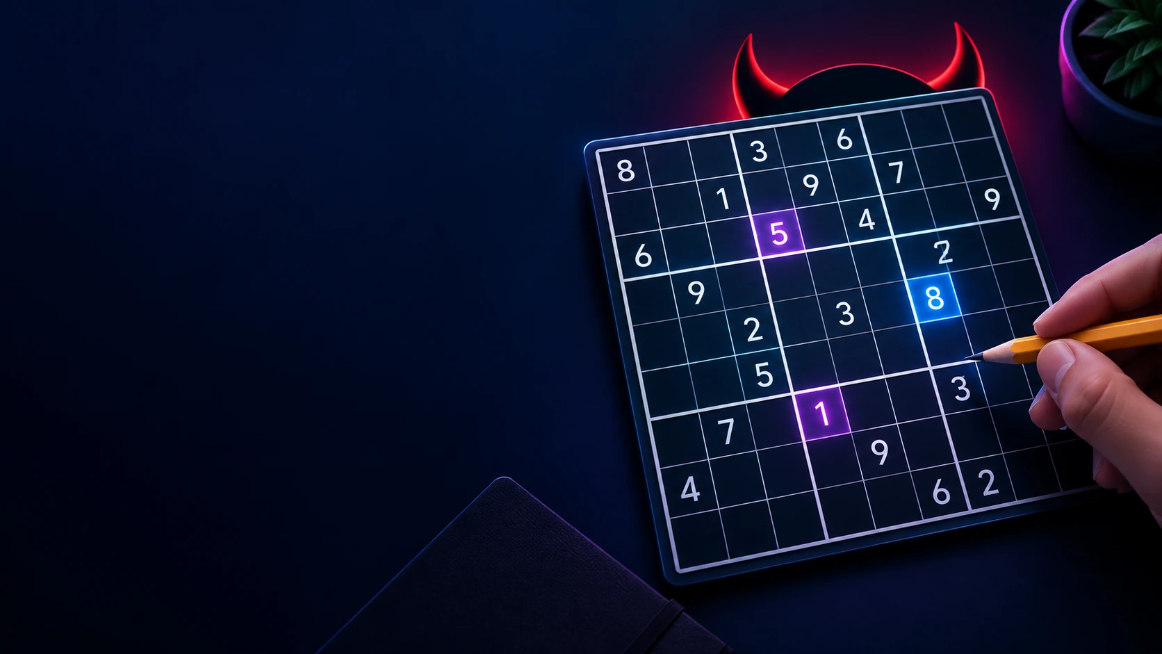 Grille de sudoku diabolique avec des cases mises en évidence et un crayon